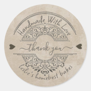 Adesivo Redondo Home Feade Bakery Obrigado Kraft Grunge Hearts