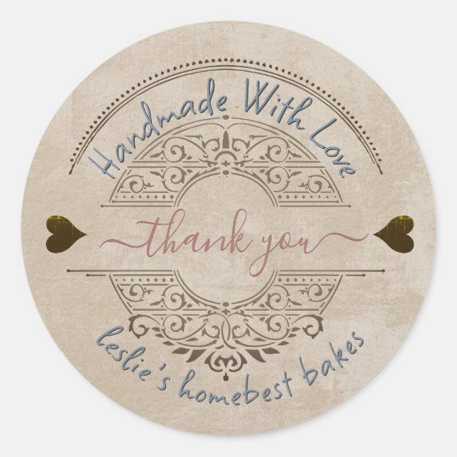 Adesivo Redondo Home Feade Bakery Obrigado Kraft Grunge Hearts (Frente)