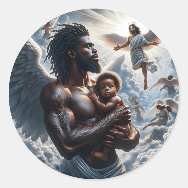 Adesivo Redondo Homem Anjo Africano Negro com bebê (Frente)
