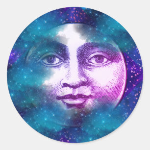 Adesivo Redondo Homem antigo na face da lua cheia estrelas nuvens 