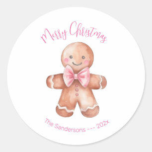 Adesivo Redondo Homem de Biscoito de Gengibre Cor-de-Rosa Natal