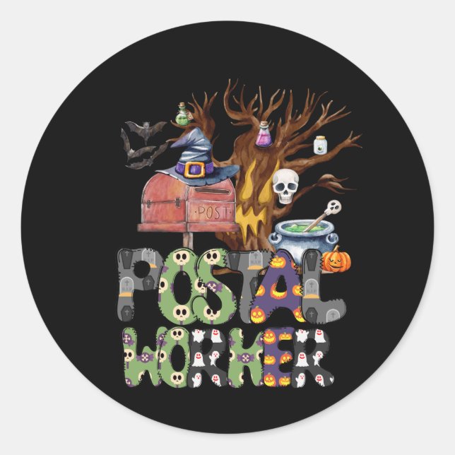 Adesivo Redondo Homem de Bruxa Trabalhador Postal Pumpkins Spider  (Frente)