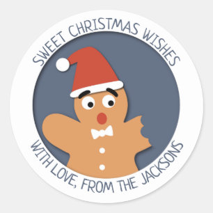 Adesivo Redondo Homem de pão-de-espécie mordido do Natal desenho