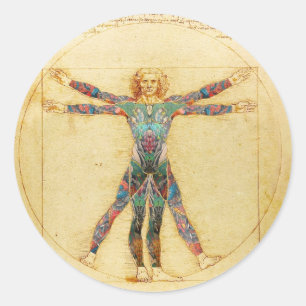 Adesivo Redondo Homem do Vitruvian de da Vinci com tatuagens