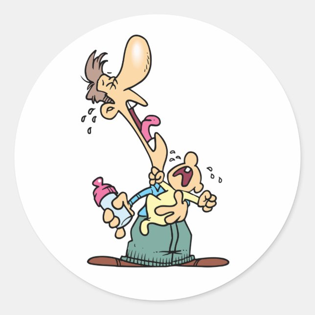 Adesivo Redondo Homem Segurando Um Bebê Chorando (Frente)