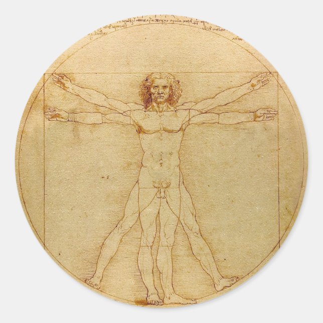 Adesivo Redondo Homem Vitruviano por Leonardo da Vinci (Frente)
