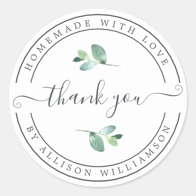 Adesivo Redondo Homemada Elegante Com Amor Branco Negro Obrigado (Frente)