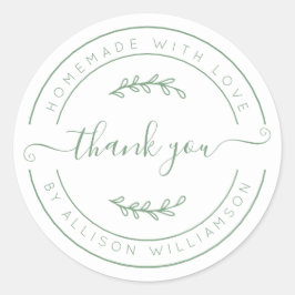 Adesivo Redondo Homemada Elegante Com Amor Branco Verde Obrigado