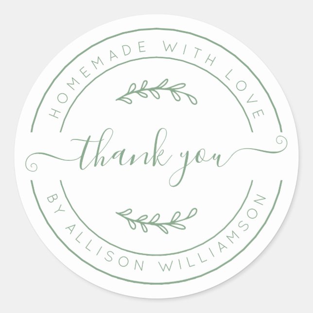 Adesivo Redondo Homemada Elegante Com Amor Branco Verde Obrigado