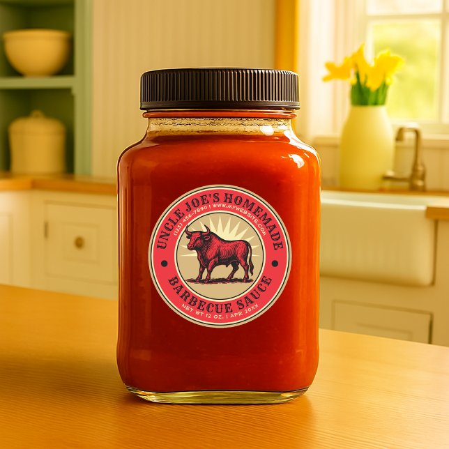 Adesivo Redondo Homemade Barbecue Sauce Bull Label Modelo (Criador carregado)