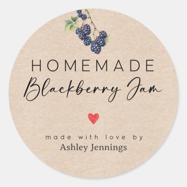 Adesivo Redondo Homemade Blackberry Jam Labels | Made with Love (Frente)