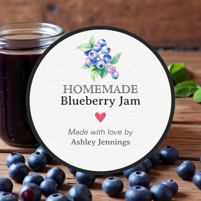 Adesivo Redondo Homemade Blueberry Jam Label | Custom Sticker (Made with love label for homemade jam jars)