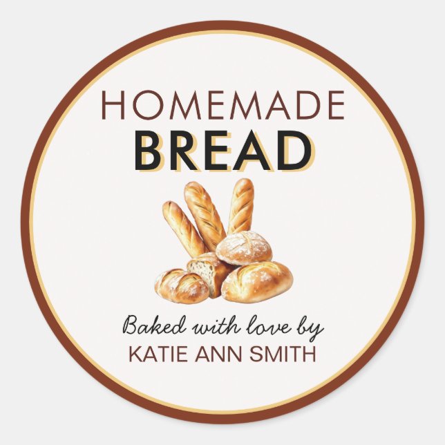 Adesivo Redondo Homemade Bread Stickers | Baked with Love Labels (Frente)