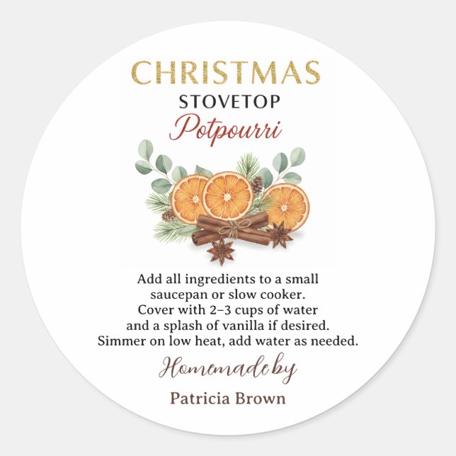 Adesivo Redondo Homemade Christmas Stovetop Potpourri Sticker Labe (Frente)