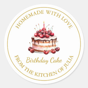 Adesivo Redondo Homemade com amor Birthday Cake Label Branco