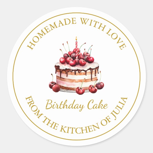 Adesivo Redondo Homemade com amor Birthday Cake Label | Branco (Frente)