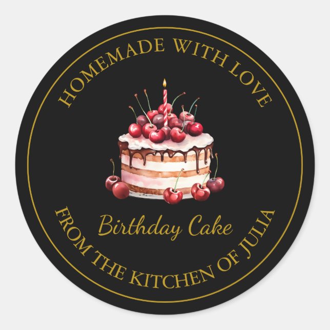 Adesivo Redondo Homemade com amor Birthday Cake Label | Preto (Frente)