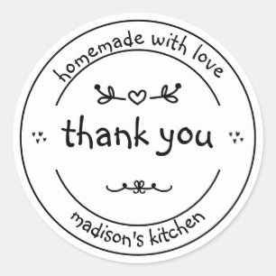 Adesivo Redondo Homemade com Amor  Branco e preto, obrigado