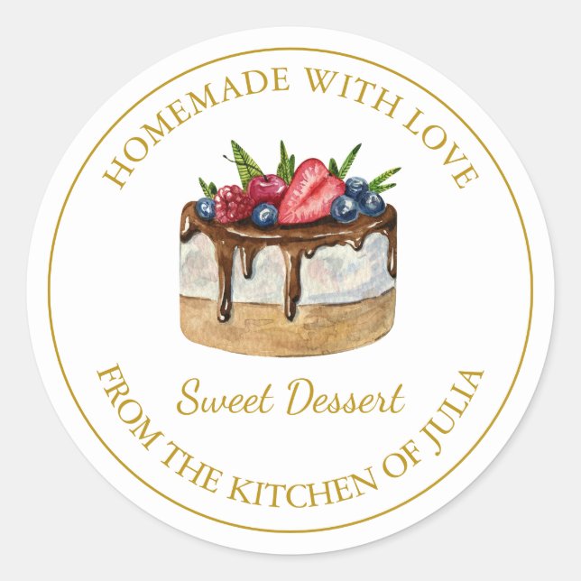 Adesivo Redondo Homemade com amor Dessert Cake Label | Branco (Frente)