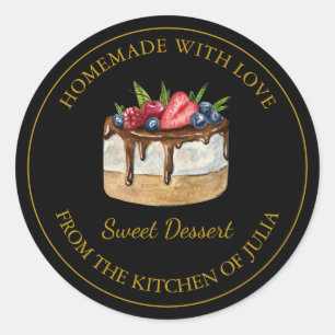 Adesivo Redondo Homemade com amor Dessert Cake Label   Preto