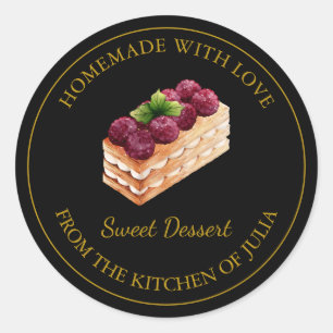 Adesivo Redondo Homemade com amor Dessert Cake Label   Preto