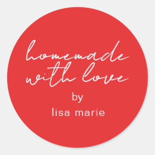 Adesivo Redondo Homemade com Amor, Presente Vermelho Brilhante Per