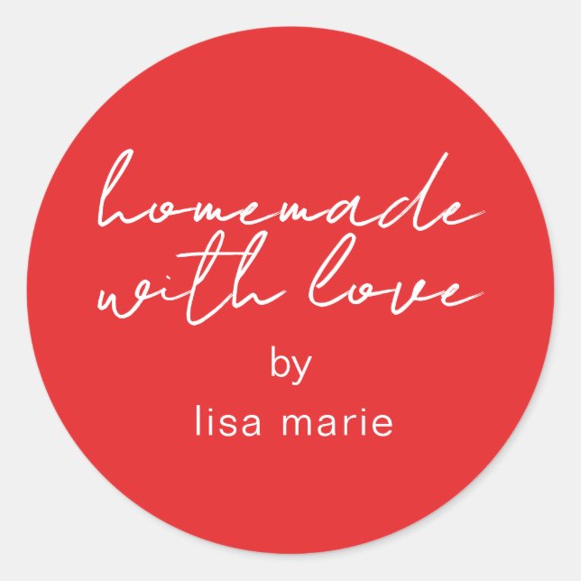 Adesivo Redondo Homemade com Amor, Presente Vermelho Brilhante Per (Frente)
