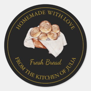 Adesivo Redondo Homemade com amor Rótulo de Pão Fresco   Preto