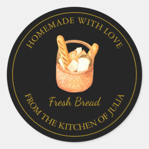 Adesivo Redondo Homemade com amor Rótulo de Pão Fresco   Preto