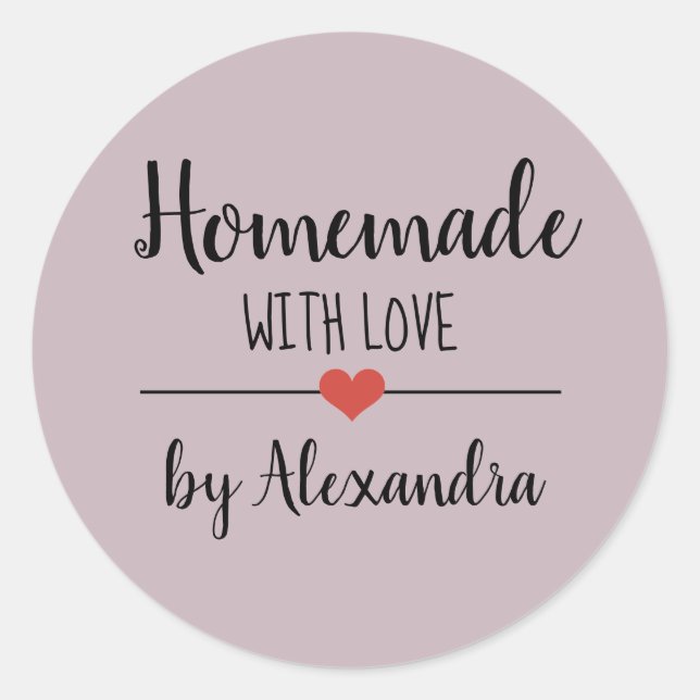 Adesivo Redondo Homemade com amor, script roxo leve personalizado (Frente)