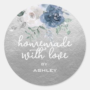 Adesivo Redondo Homemade com Love Floral Blue Rosa Silver Gift