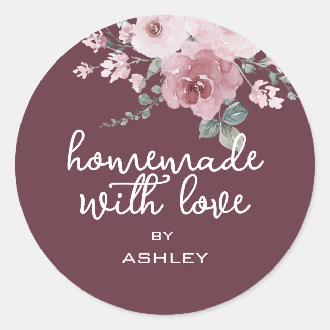 Adesivo Redondo Homemade com Love Floral Rosa Burgundy Gift (Frente)