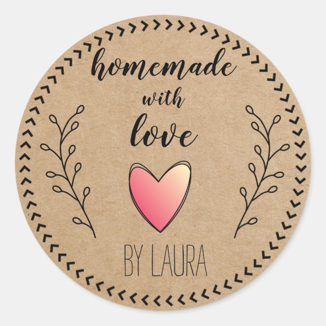 Adesivo Redondo Homemade com Love Heart Kraft Paper Personalizar (Frente)