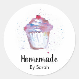 Adesivo Redondo Homemade de Cupcake de Aquarela de Cubo Personaliz