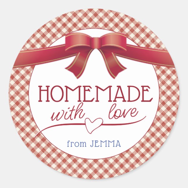 Adesivo Redondo Homemade editável com Arco Vermelho e Gingham (Frente)