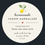 Adesivo Redondo Homemade Lemon marmalade Modern Jar<br><div class="desc">Ilustração de limão de aquarela Etiqueta de geleia caseira com lista de ingredientes na escrita moderna sobre fundo de náusea</div>