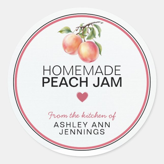 Adesivo Redondo Homemade Peach Jam Label Peaches Canning Stickers (Frente)