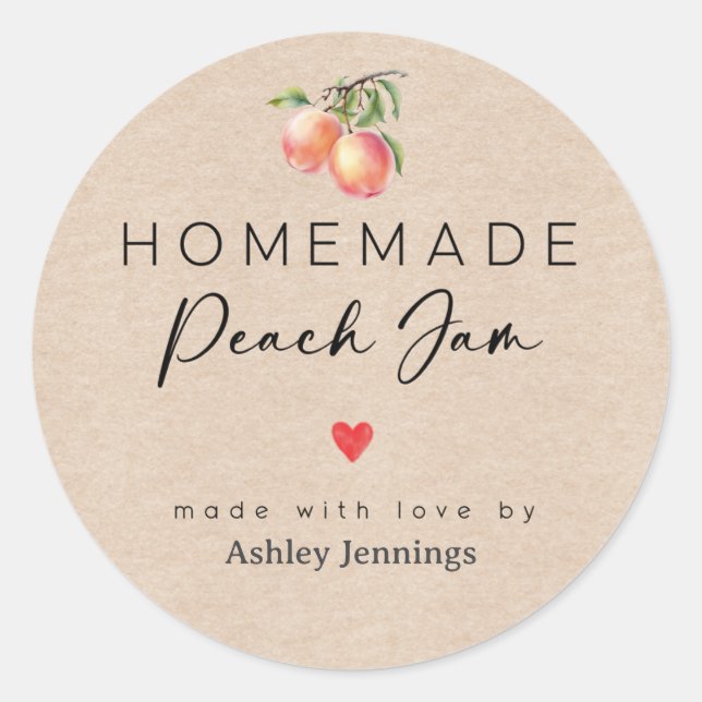 Adesivo Redondo Homemade Peach Jam Labels | Made with Love (Frente)