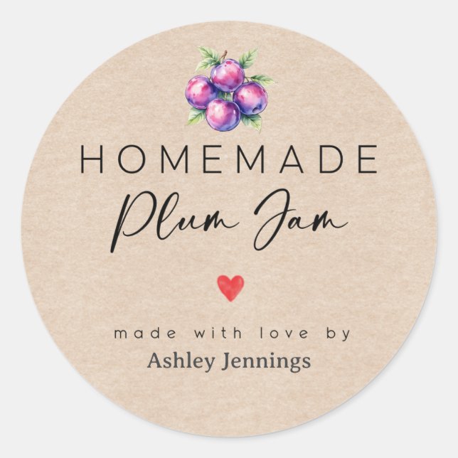 Adesivo Redondo Homemade Plum Jam Labels | Made with Love Stickers (Frente)