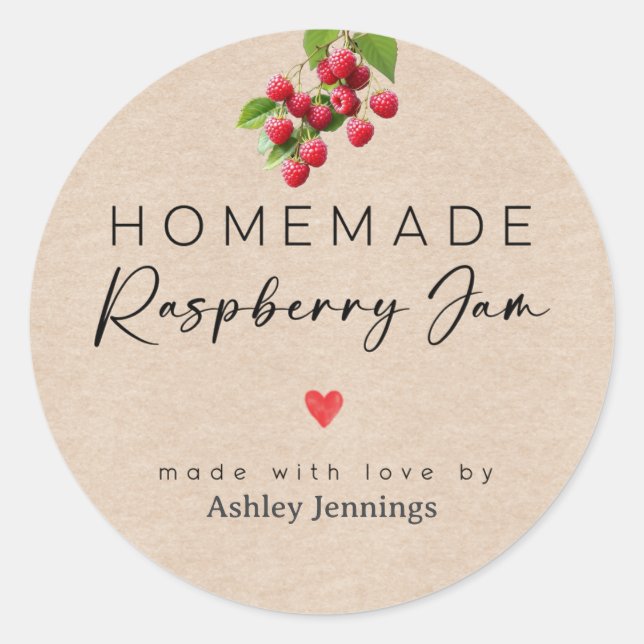 Adesivo Redondo Homemade Raspberry Jam Labels | Made with Love (Frente)