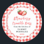 Adesivo Redondo Homemade Strawberry Crumble Bars Label<br><div class="desc">A cozy strawberry crumble bars label featuring a soft strawberry design framed with a delicate lace-style border. The red gingham background adds a warm homemade baking feel. Perfect for packaging traybakes and sharing with friends or neighbors. Add your name and year for a personal finishing touch. Ideal for spring baking,...</div>