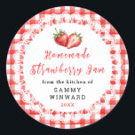 Adesivo Redondo Homemade Strawberry Jam Jar Label<br><div class="desc">A charming strawberry jam label featuring a soft strawberry design centered within a delicate lace-style frame. The red gingham background adds a classic country kitchen feel that pairs perfectly with homemade preserves. Ideal for batch making and sharing with teachers, neighbors, or friends. Add your name and year for a personal...</div>