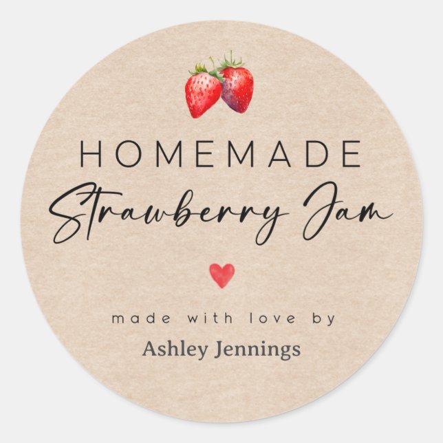Adesivo Redondo Homemade Strawberry Jam Label Canning Stickers (Frente)