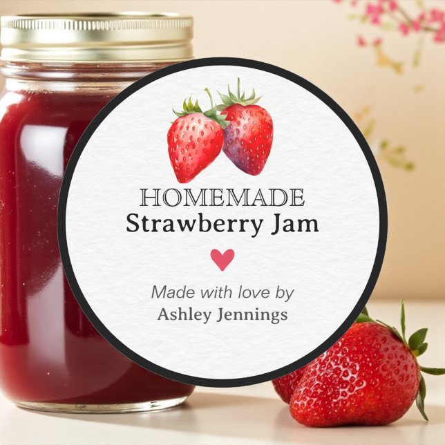 Adesivo Redondo Homemade Strawberry Jam Label | Custom Sticker (Homemade strawberry jam label with watercolor strawberries)