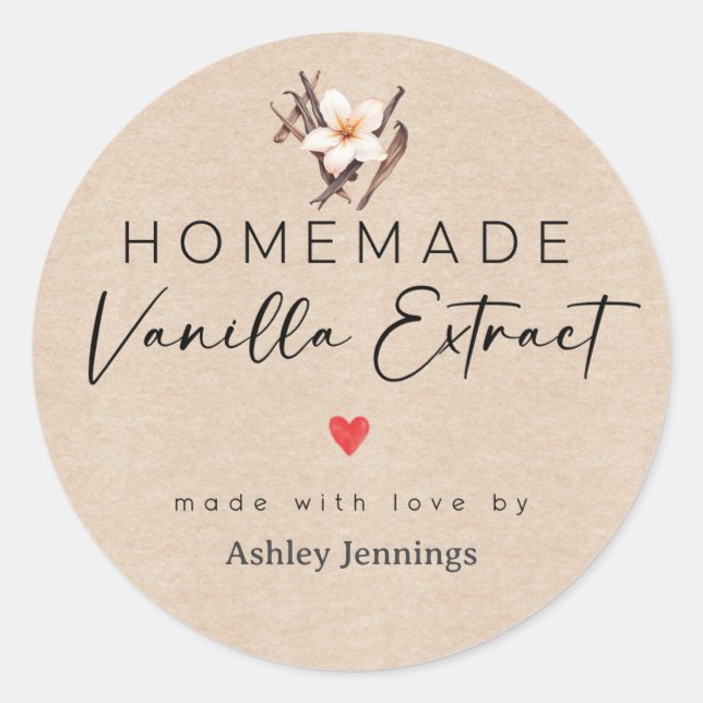 Adesivo Redondo Homemade Vanilla Extract Labels | Made with Love (Frente)
