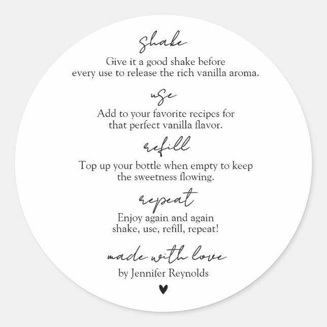 Adesivo Redondo Homemade Vanilla Extract Shake Use Refill Repeat (Frente)