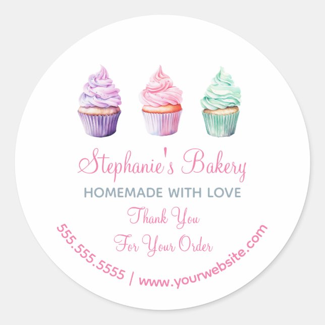 Adesivo Redondo Homemade with Love| Cup Cake Bakery Obrigado (Frente)