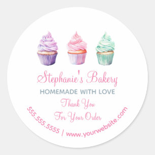 Adesivo Redondo Homemade with Love Cup Cake Bakery Obrigado