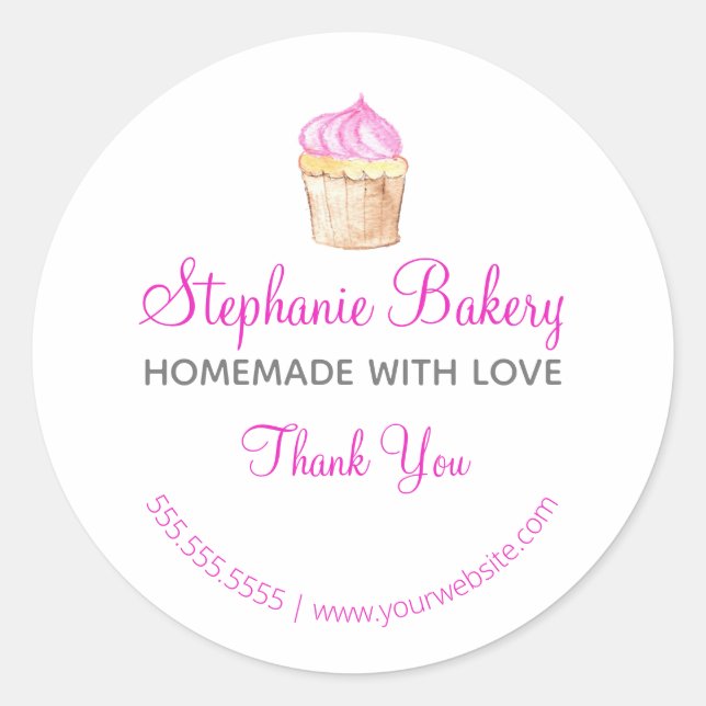 Adesivo Redondo Homemade with Love| Cup Cake Bakery Obrigado (Frente)