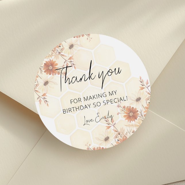 Adesivo Redondo Honey Bee Boho Wildflower Birthday Obrigados (Criador carregado)